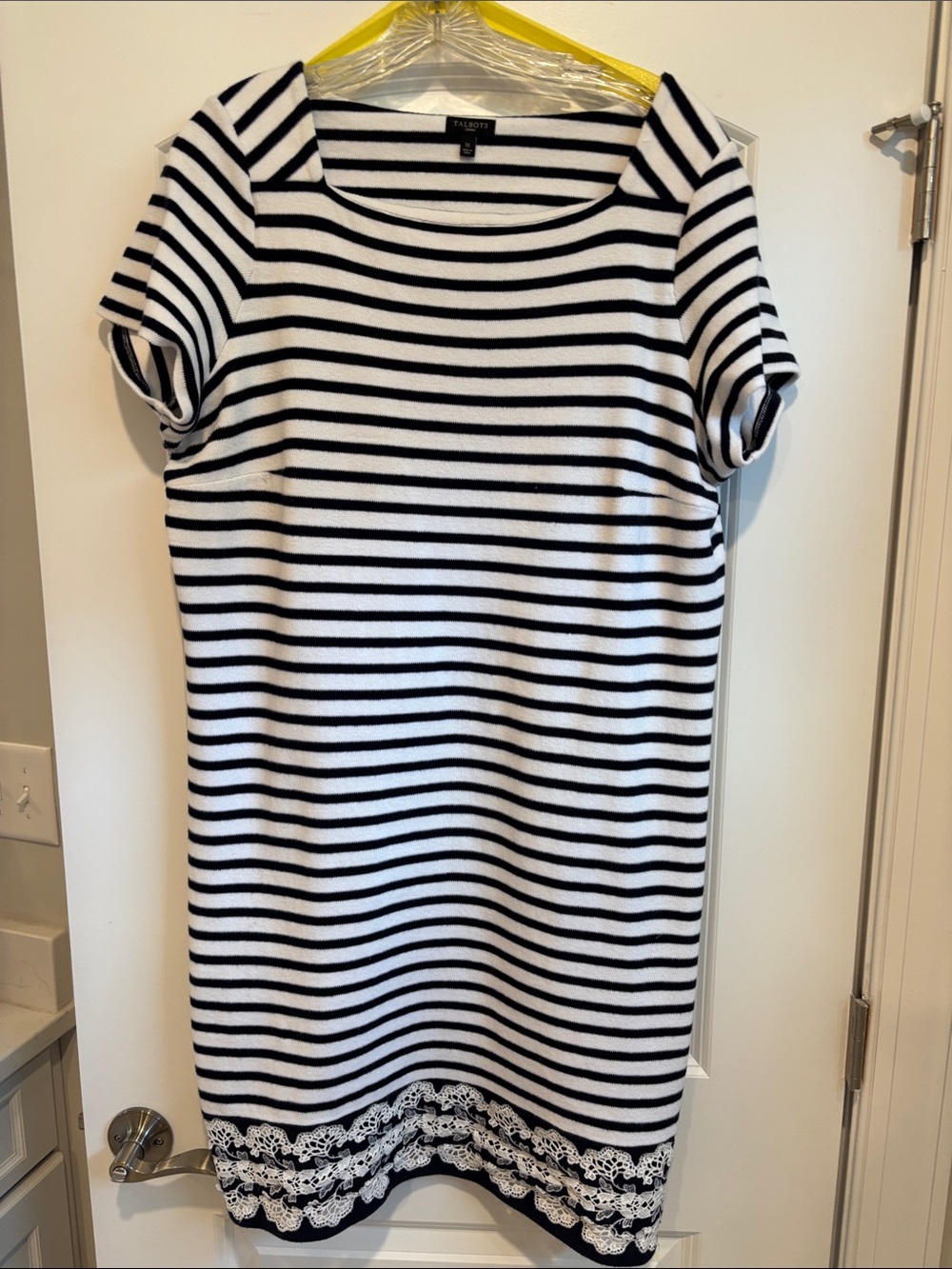 Talbots Navy and White Striped Short Sleeve Knit Dress with Lace Hem